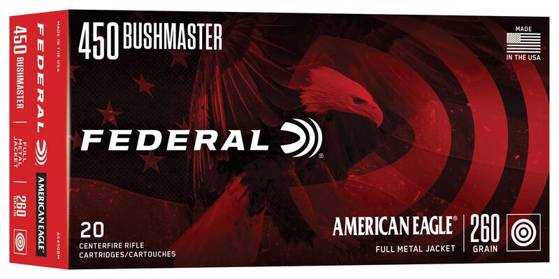 American Eagle Rifle, 450 Bushmaster, 260 Grain, Full Metal Jacket Round Nose, 2040 fps 450 Bushmaster Caliber Ammo - 20 Rounds of 260 Grain Weight Ammunition (AE450BM)